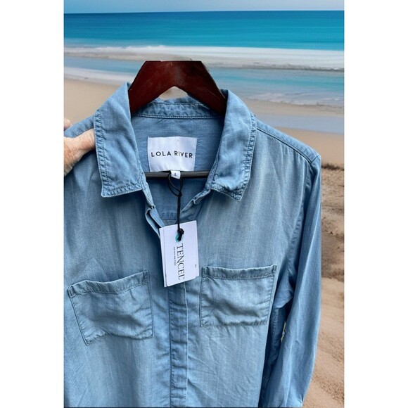 Lola River Blue Shirt LS/ Roll Tab Button Pockets Soft Breathable Lady Large NWT - Picture 1 of 13